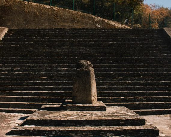 Ancient stone steps leading up the Great Pyramid of Cholula in Mexico.